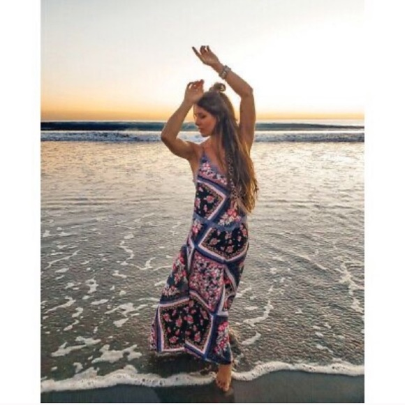 Free People Boho Bohemian Eclectic Hippie Graphite Combo Maxi Dress - Picture 3 of 16